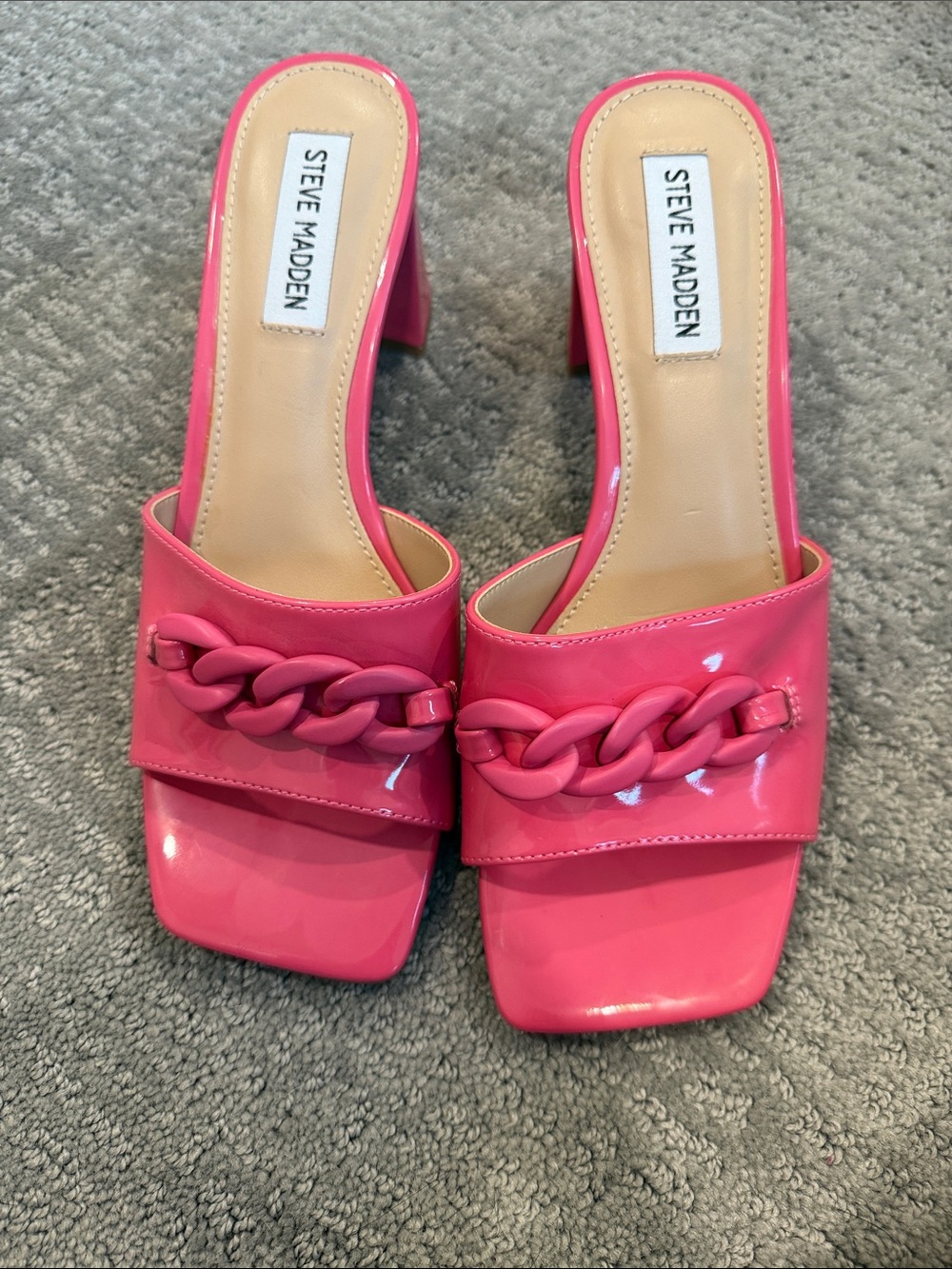Steve Madden Pink Patent Chain-Trim Block Heel Mules